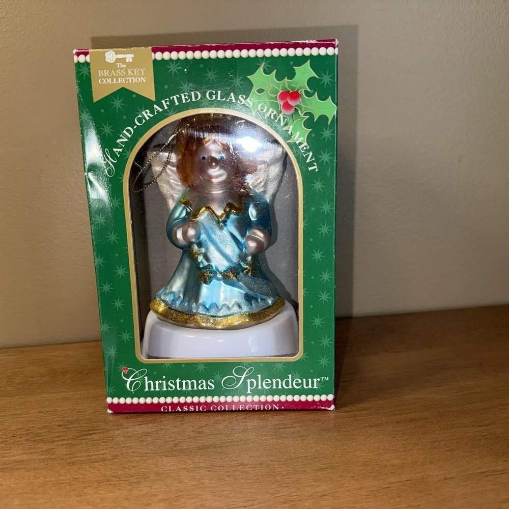 Brass Key Christmas Splendeur Glass Angel Ornament Blue Gold 2002 Vintage